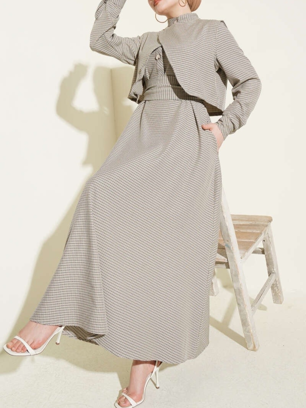 Modest Dress with Cropped Vest – Houndstooth Check